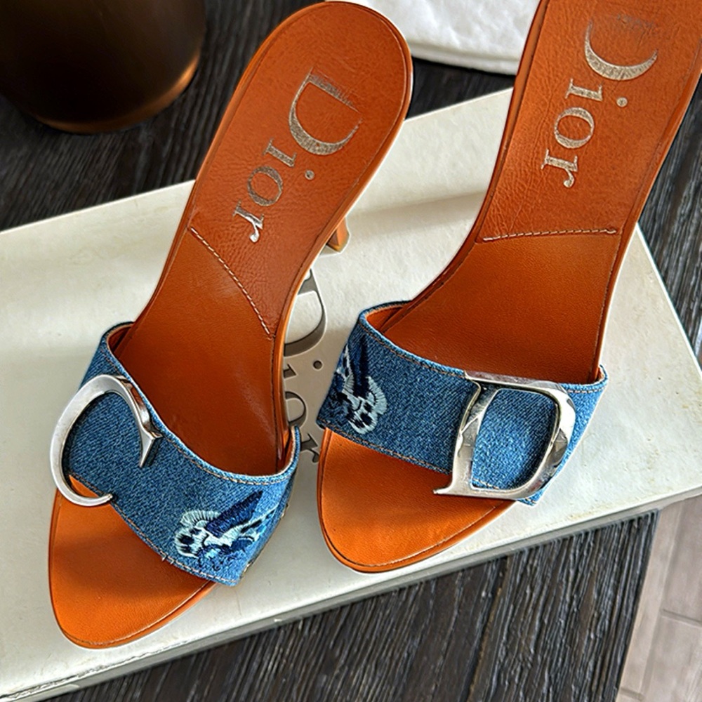 Rare Y2K -Christian Dior Denim Mule sandals in Orange and Blue